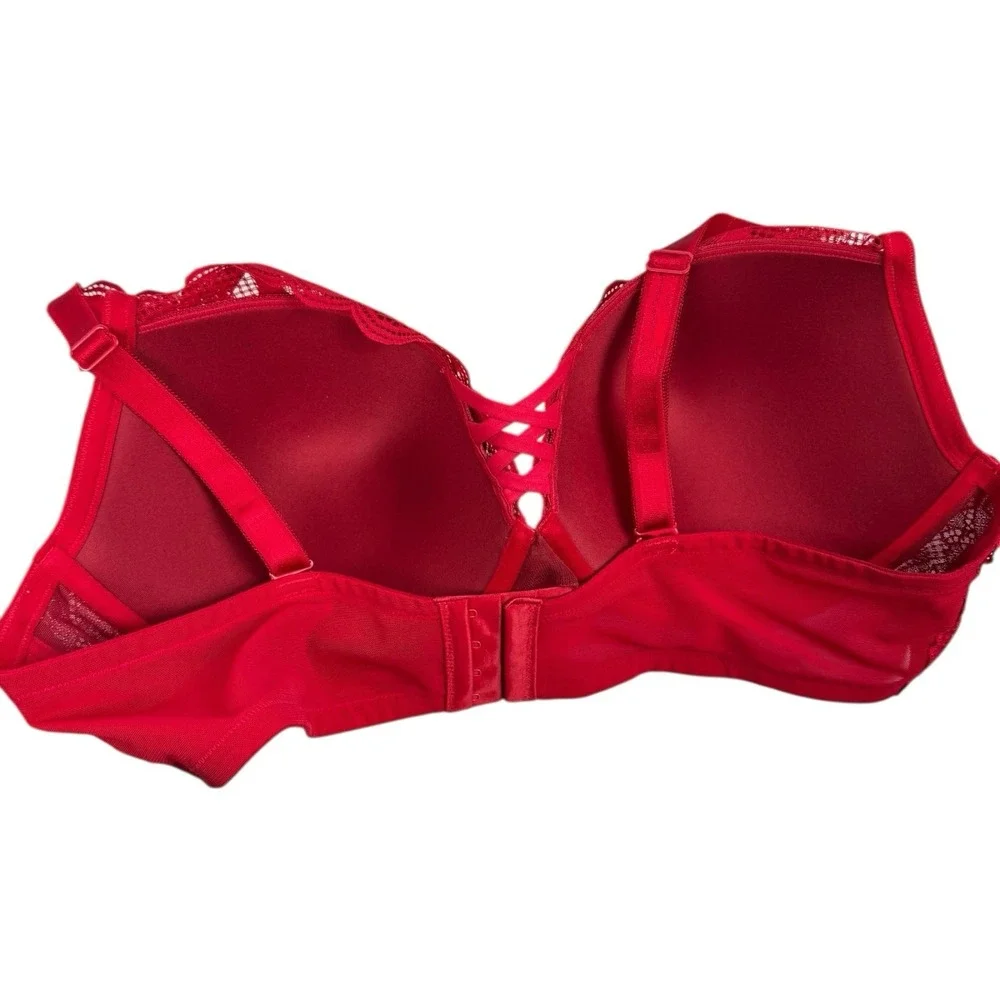 Torrid Curve 2 XO Plunge Push-Up Bra 44D White Red Lace Underwire Crisscross 351